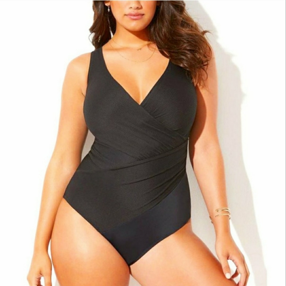Kiwi Faux Wrap Bathingsuit Black and Teal
